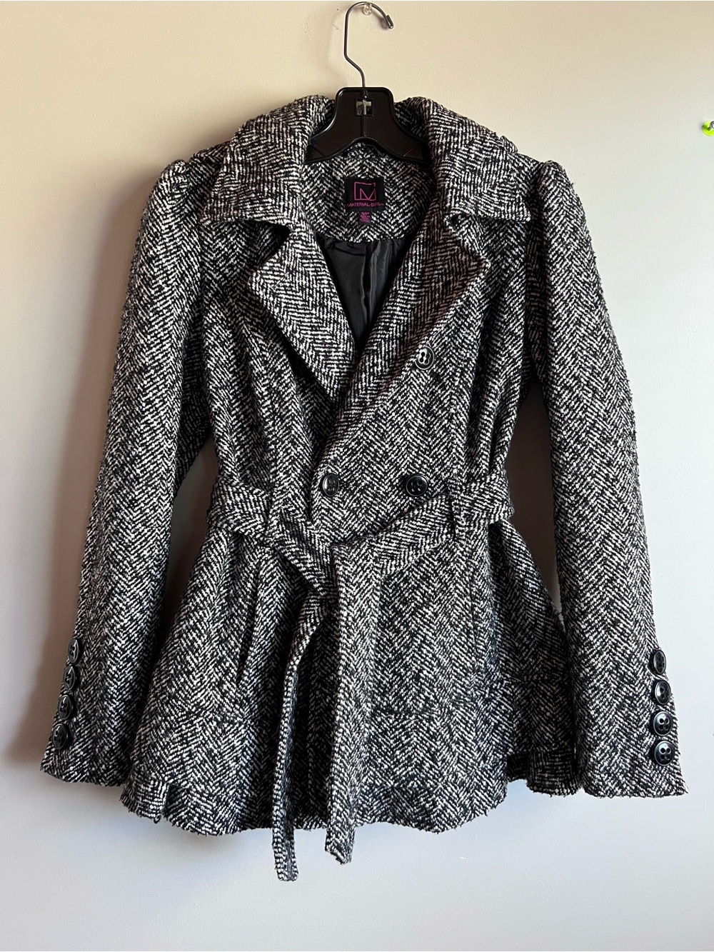 Material Girl Black White Herringbone Tweed Belted Peacoat Women’s Small Double